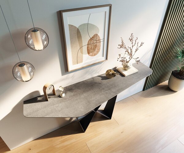 DELIFE Konzolový stůl Edge polygonální 180×50 cm keramika beton šedá Spios kov černý