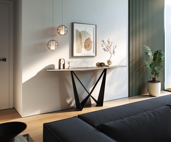 DELIFE Konzolový stůl Edge polygonální 180×50 cm keramika beton šedá Spios kov černý
