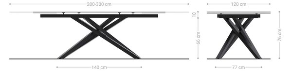 DELIFE Jídelní stůl Edge oválný tvar 200-300×120 cm keramika Laminam® Sabbia dubová barva křížová podnož nerezová ocel grafit rozkládací