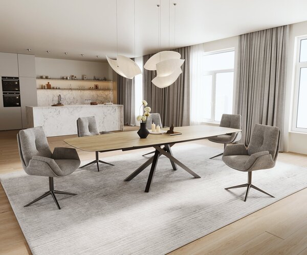 DELIFE Jídelní stůl Edge oválný tvar 200-300×120 cm keramika Laminam® Sabbia dubová barva křížová podnož nerezová ocel grafit rozkládací