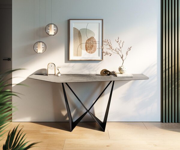 DELIFE Konzolový stůl Edge polygonální 180×50 cm keramika beton šedá Spios kov černý