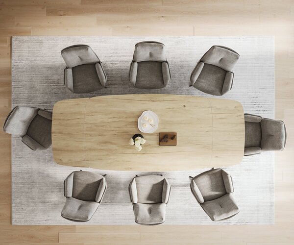 DELIFE Jídelní stůl Edge oválný tvar 200-300×120 cm keramika Laminam® Sabbia dubová barva křížová podnož nerezová ocel grafit rozkládací