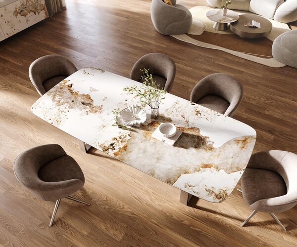 DELIFE Jídelní stůl Edge oválný tvar 260×120 cm keramika Minas Melange bílá béžová nerezová ocel úzký