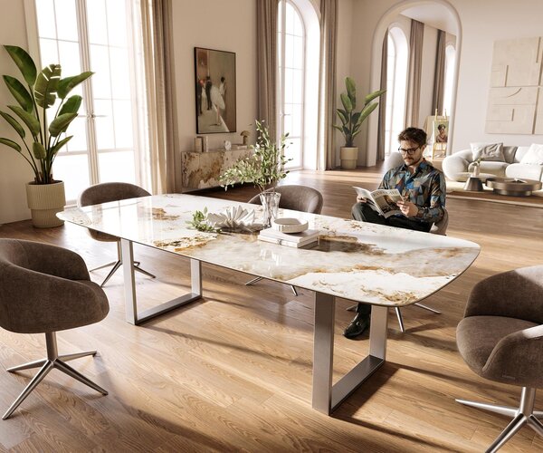 DELIFE Jídelní stůl Edge oválný tvar 260×120 cm keramika Minas Melange bílá béžová nerezová ocel úzký