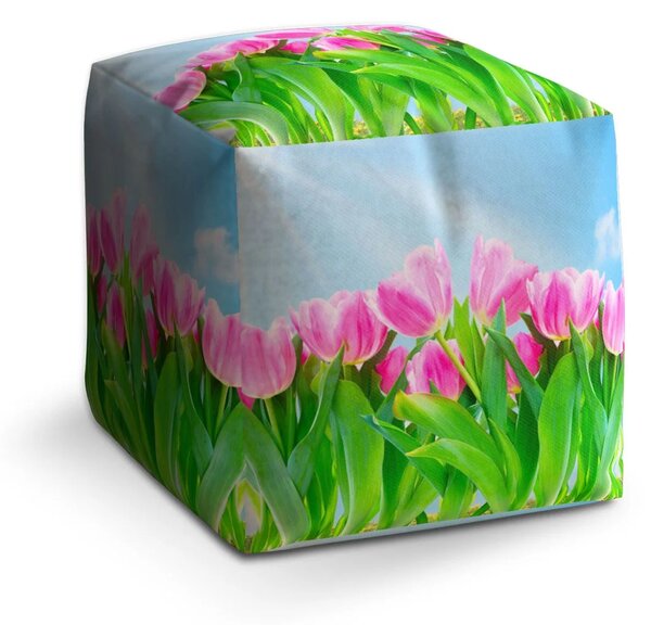 Sablio Taburet Cube Růžové tulipány - 40x40x40 cm