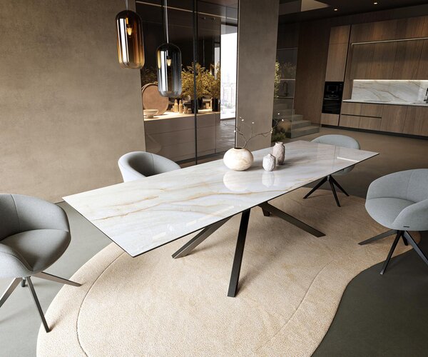 DELIFE Jídelní stůl Edge 300×100 cm keramika Onyx Pearl křížová podnož hranatý nerezová ocel grafitová