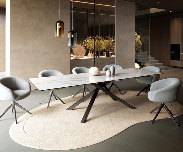 DELIFE Jídelní stůl Edge 300×100 cm keramika Onyx Pearl křížová podnož hranatý nerezová ocel grafitová