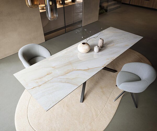DELIFE Jídelní stůl Edge 300×100 cm keramika Onyx Pearl křížová podnož hranatý nerezová ocel grafitová