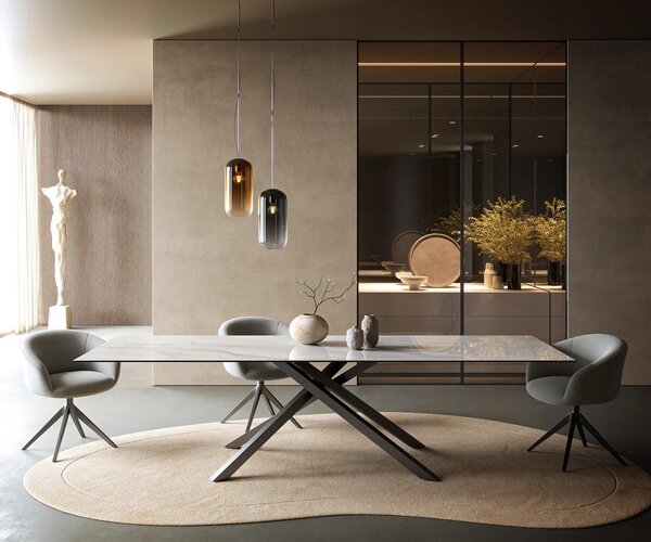 DELIFE Jídelní stůl Edge 300×100 cm keramika Onyx Pearl křížová podnož hranatý nerezová ocel grafitová