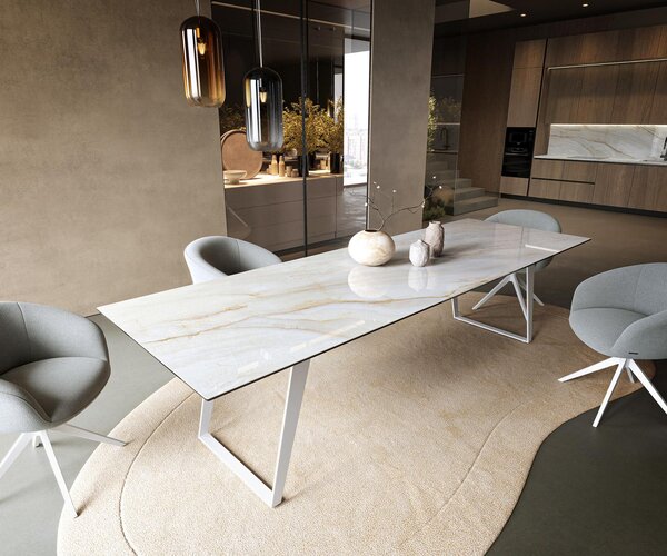 DELIFE Jídelní stůl Edge 300×100 cm keramika Onyx Pearl kov šikmý bílý