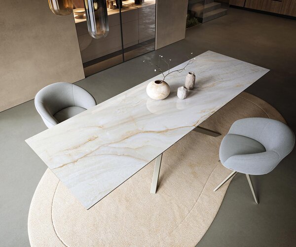 DELIFE Jídelní stůl Edge 300×100 cm keramika Onyx Pearl křížová podnož obdélník titanová barva