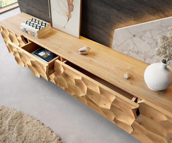 DELIFE TV stolek Solu 220 cm dub přírodní 2 dvířka 4 zásuvky závěsná kovová podnož černá 3D čelo