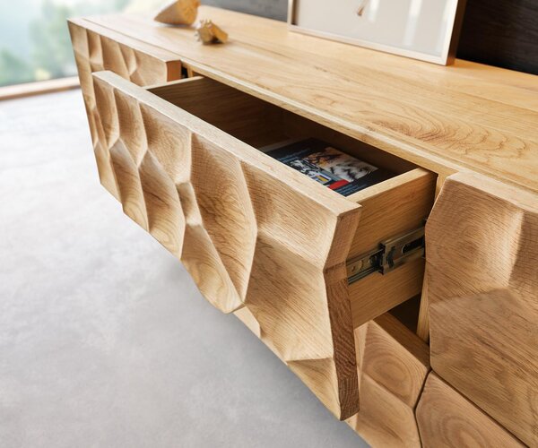 DELIFE TV stolek Solu 220 cm dub přírodní 2 dvířka 4 zásuvky závěsný 3D čelo