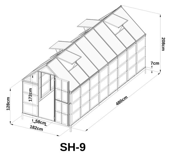 Skleník se základnou BestBerg SH-9 / 9 m² / 480 x 182 x 208 cm / stříbrná