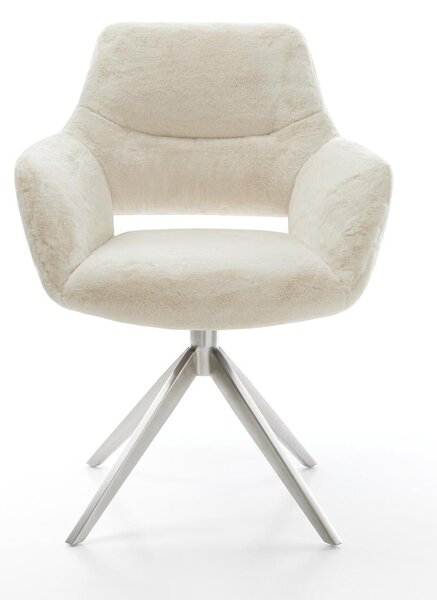 DELIFE Jídelní židle Yago-Flex s područkami plyšový manšestr krémovo-bílá široká křížová podnož nerezová ocel 360° otočná houpací funkce taštičkové pružiny
