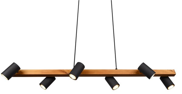 Trio Leuchten 312490632 MARLEY wood black -Závěsný bodový lustr s dřevěnou lištou nad stůl v černé barvě, 6 x GU10, 115cm (Šestibodový lustr nad jídelní stůl s naklápěcími hlavami)