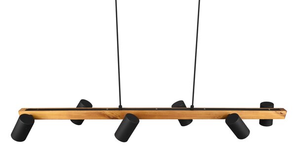 Trio Leuchten 312490632 MARLEY wood black -Závěsný bodový lustr s dřevěnou lištou nad stůl v černé barvě, 6 x GU10, 115cm (Šestibodový lustr nad jídelní stůl s naklápěcími hlavami)