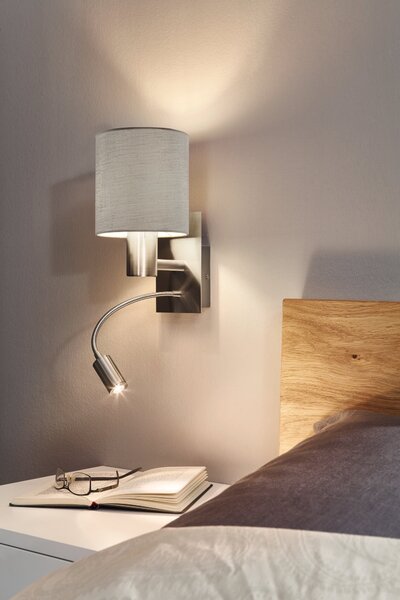 Eglo 96478 PASTERI grey + brown - Nástěnná lampička se čtecí bodovkou + Dárek LED žárovka (Šedo hnědá lampa na zeď s LED bodovkou na čtení na husím krku, dva vypínače)