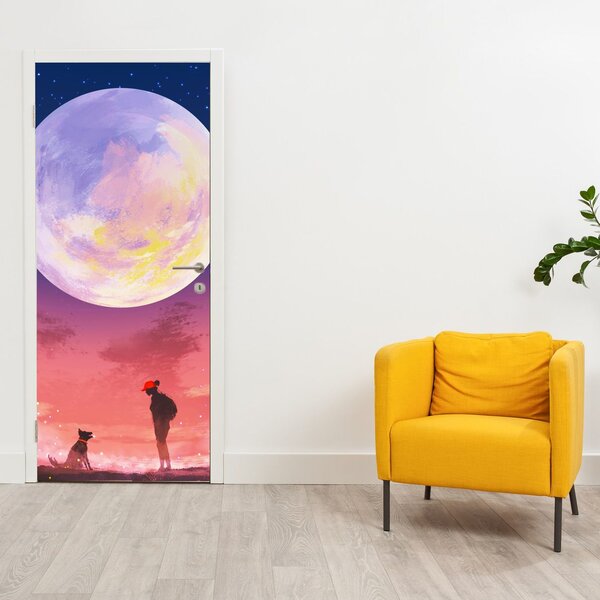 Fototapeta na dveře - Žena a pes při úplňku (95x205cm)