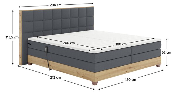 KONDELA Elektrická polohovací postel, boxspring, tmavě šedá/dub artisan, 180x200, TIANA