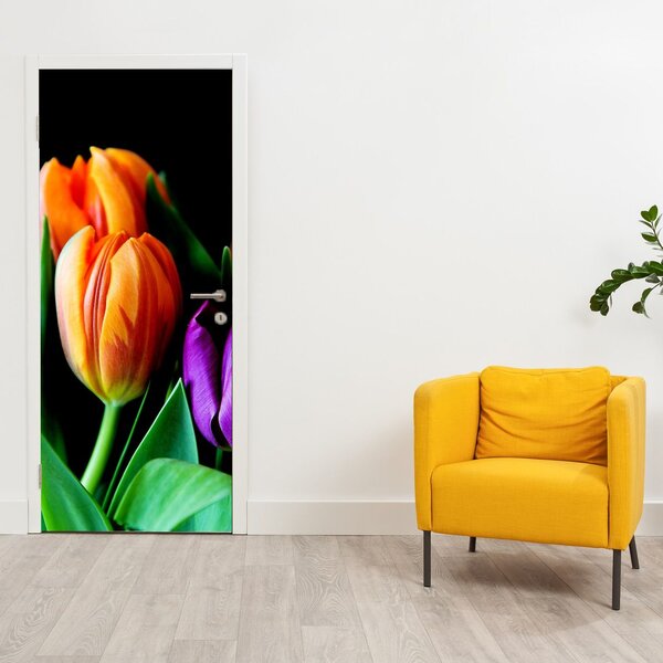 Fototapeta na dveře - Tulipány na černém pozadí (95x205cm)