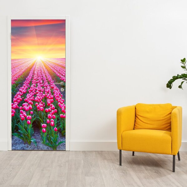 Fototapeta na dveře - Pole tulipánů se sluncem (95x205cm)
