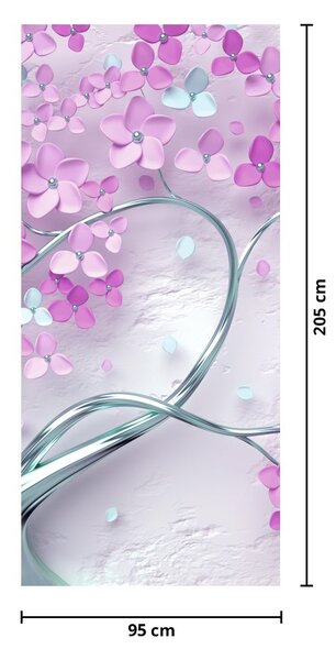 Fototapeta na dveře - Květy na stříbrném kmeni, abstrakt (95x205cm)