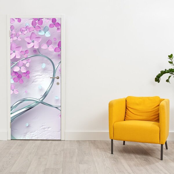 Fototapeta na dveře - Květy na stříbrném kmeni, abstrakt (95x205cm)