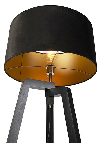 Stojací lampa trojnožka černá dřevo s černým stínítkem 50 cm - Puros