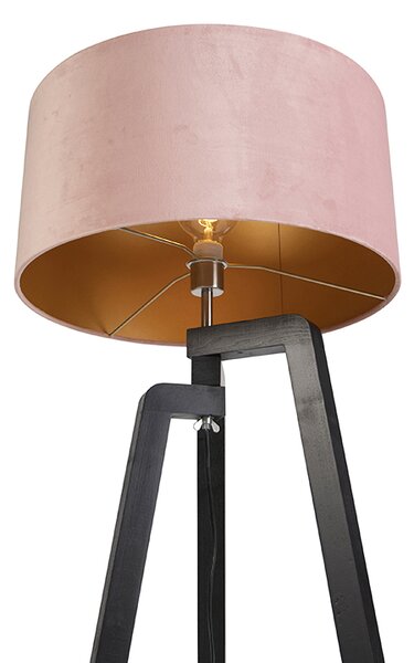 Stojací lampa trojnožka černá s růžovým stínítkem a zlatem 50 cm - Puros