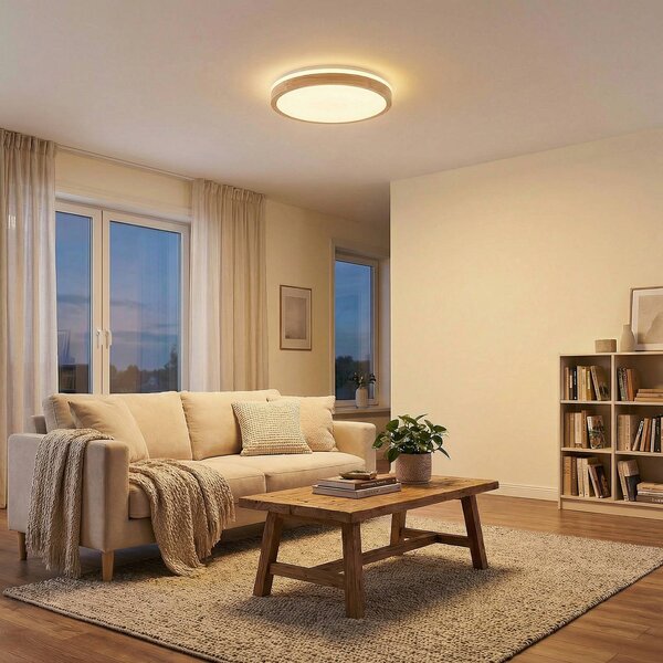 Lindby LED stropní svítidlo Emiva, Ø 49 cm, dřevo, stmívatelný, Světlé dřevo, Obývací pokoj / jídelna, Dřevo, Moderní