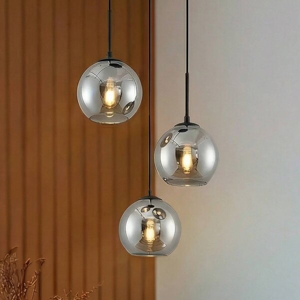 Lindby Závěsná lampa Jurian, 32 cm, 3 světla, černá/kouřová, sklo, stmívatelný, Hliník / šedá / zinek, Obývací pokoj / jídelna, Sklo, Moderní
