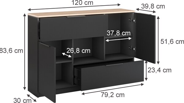 Kredenc Vicco Betti Anthracite/Sonoma 120 x 83.6 cm 2x dvířka, 2x zásuvka a 1x otevřená přihrádka, Model 41612