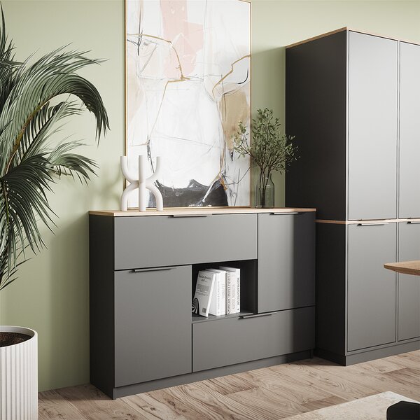 Kredenc Vicco Betti Anthracite/Sonoma 120 x 83.6 cm 2x dvířka, 2x zásuvka a 1x otevřená přihrádka, Model 41612