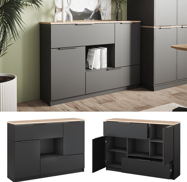 Kredenc Vicco Betti Anthracite/Sonoma 120 x 83.6 cm 2x dvířka, 2x zásuvka a 1x otevřená přihrádka, Model 41612