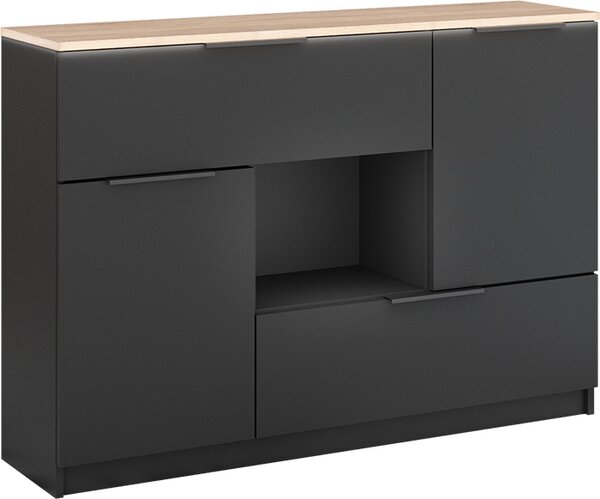Kredenc Vicco Betti Anthracite/Sonoma 120 x 83.6 cm 2x dvířka, 2x zásuvka a 1x otevřená přihrádka, Model 41612