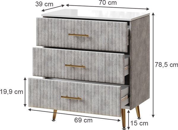 Komoda Vicco Velia Šedá 70 x 78.5 cm se 3 zásuvkami, Model 53032