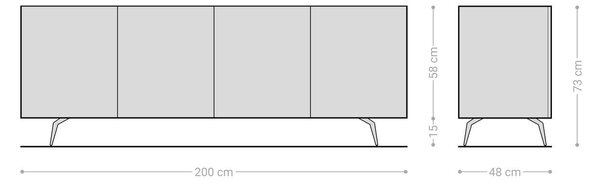 DELIFE Komoda Ashara 200 cm dub přírodní 3D efekt 4 dvířka podnož ve tvaru L nerezová ocel broušená