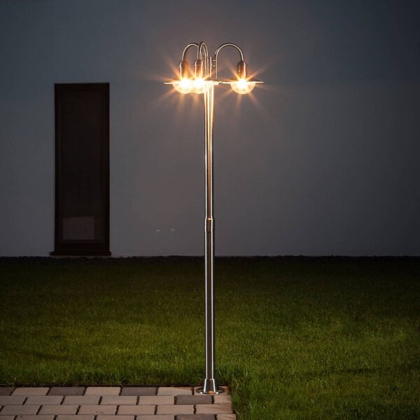Lindby Sloupkové svítidlo Damion, 200 cm, 3 světla, E27, IP44, stmívatelný, Hliník / šedá / zinek, Nerezová ocel, Moderní