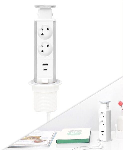 Přípojný zásuvkový sloupek pro desku stolu 2x230V + USB-A + USB-C