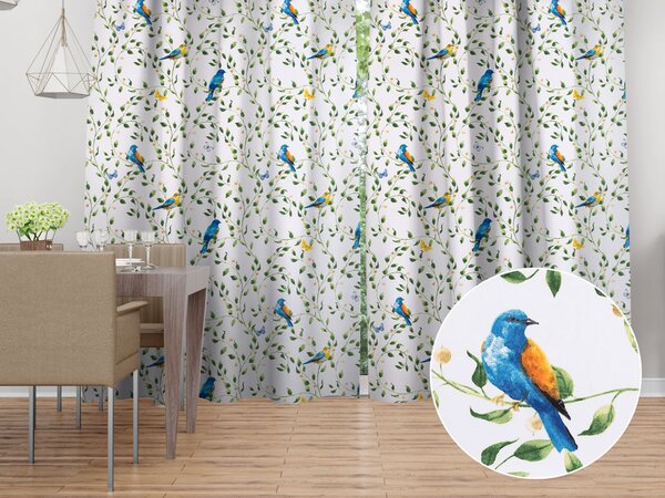 Biante Bavlněný závěs Sandra SA-501 Modří ptáčci a větvičky na bílém 150x140 cm