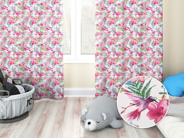 Biante Dětský bavlněný závěs Sandra SA-493 Kolibříci s růžovými květy na bílém 150x140 cm