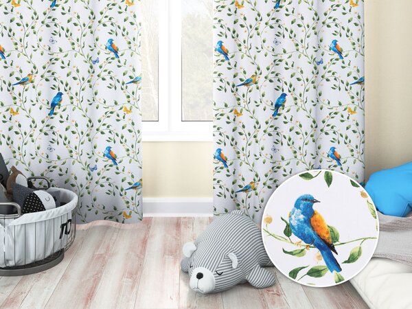 Biante Dětský bavlněný závěs Sandra SA-501 Modří ptáčci a větvičky na bílém 150x140 cm