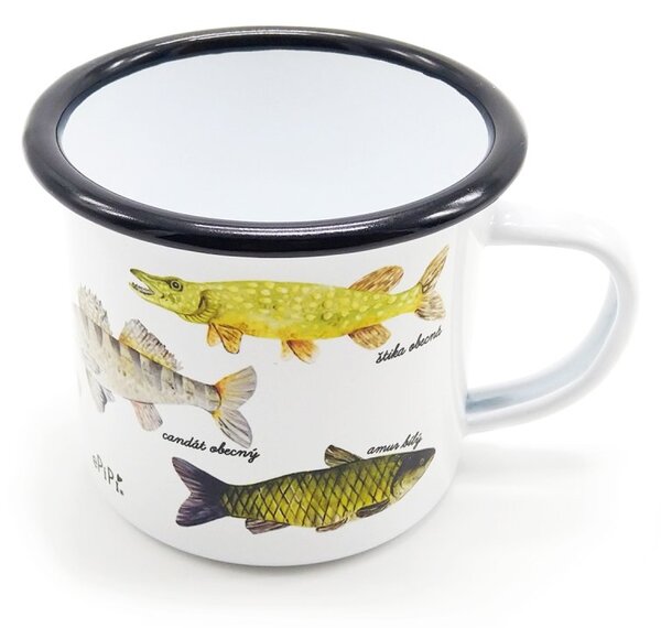 Smaltovaný hrnek Ryby, 330 ml – bílý, s autorskou ilustrací ryb, retro design