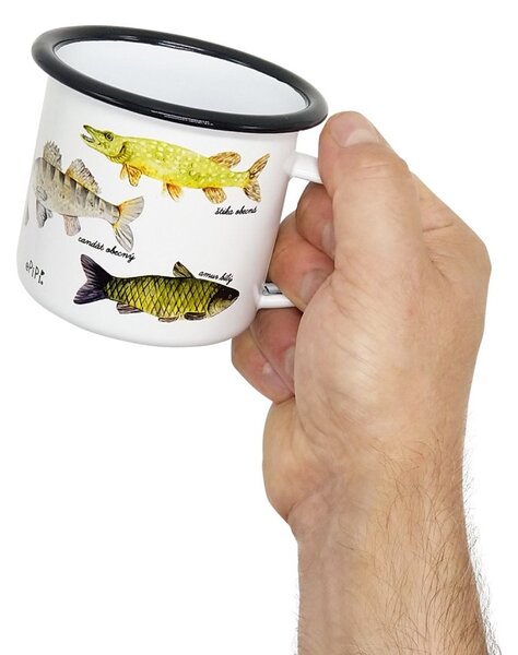 Smaltovaný hrnek Ryby, 330 ml – bílý, s autorskou ilustrací ryb, retro design