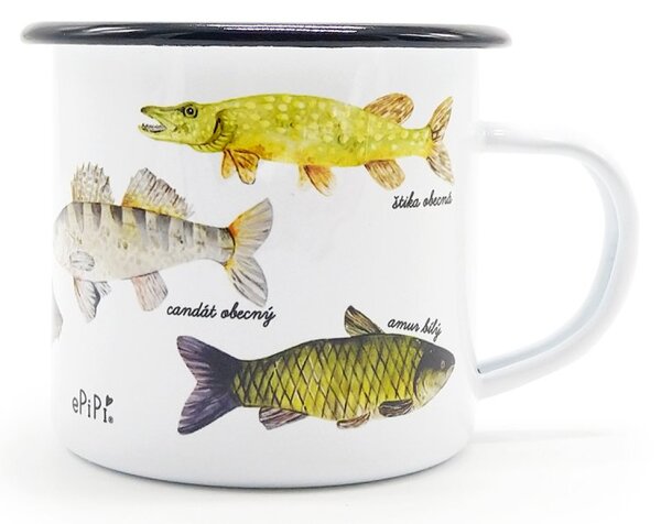Smaltovaný hrnek Ryby, 330 ml – bílý, s autorskou ilustrací ryb, retro design