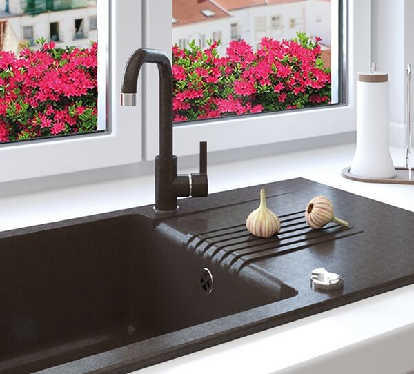 Laveo Celia, 1-komorový granitový dřez 760x440x185 mm s dlouhým odkapávačem, černá, LAV-SBC_711T
