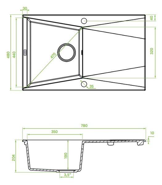 Laveo Grenada, 1-komorový granitový dřez 780x480x204 mm, černá, LAV-SBG_711T