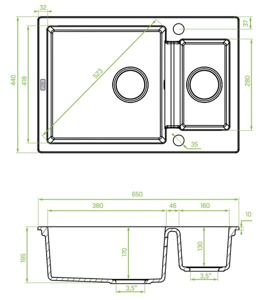 Laveo Celia, 1,5-komorový granitový dřez 650x440x195 mm, černá, LAV-SBC_730T