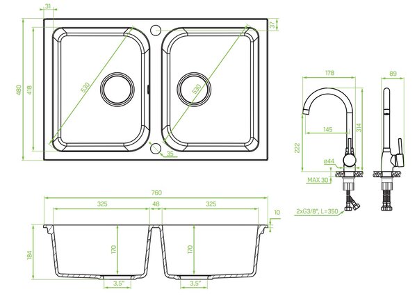 Laveo Celia, 2-komorový granitový dřez 760x480x184 mm + dřezová baterie s výlevkou ve tvaru U, šedá, LAV-SBCE520T